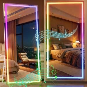 imageHasipu 56quotx16quot LED RGB Bluetooth Full Length Mirror with Lights Full Body Mirror with Stand Wall Mount ampamp Free Standing Floor Mirror for Bedroom Living Room Cloakroom 7 Color ampamp Brightness Adjustable81x33