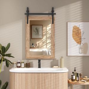 imageHasipu Farmhouse Bathroom Mirror 48quotx32quot Rustic Wood Framed Wall Mounted Mirror Black Vintage Vanity Mirror Barn Door Style Decrative MirrorsBrown
