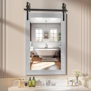 imageHasipu Farmhouse Bathroom Mirror 48quotx32quot Rustic Wood Framed Wall Mounted Mirror Black Vintage Vanity Mirror Barn Door Style Decrative MirrorsGrey