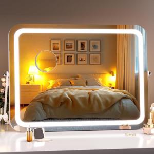 imageHasipu Vanity Mirror with Lights 10 x 12 LED Makeup Mirror 3 Modes Light Smart Touch Control Dimmable 360Rotation Rectangle White Frame18L x 14W