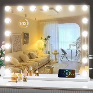 imageHasipu Hollywood Vanity Mirror with Lights 32 x 22 Makeup Mirror with 15 Dimmable LED Bulbs 3 Color Modes amp Detachable 5X Magnifying Glass Touch Control USB and TypeC Tempered GlassWhite