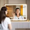 imageHasipu Vanity Mirror with Lights 37 x 26 LED Makeup Mirror Lighted Makeup Mirror with Dimmable 3 Modes Touch Screen Control Vanity Mirror Square WhiteGold