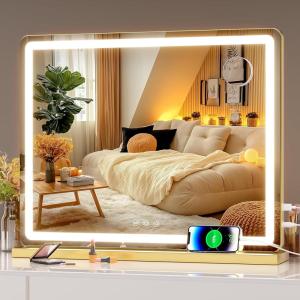 imageHasipu Vanity Mirror with Lights 37 x 26 LED Makeup Mirror Lighted Makeup Mirror with Dimmable 3 Modes Touch Screen Control Vanity Mirror Square WhiteGold